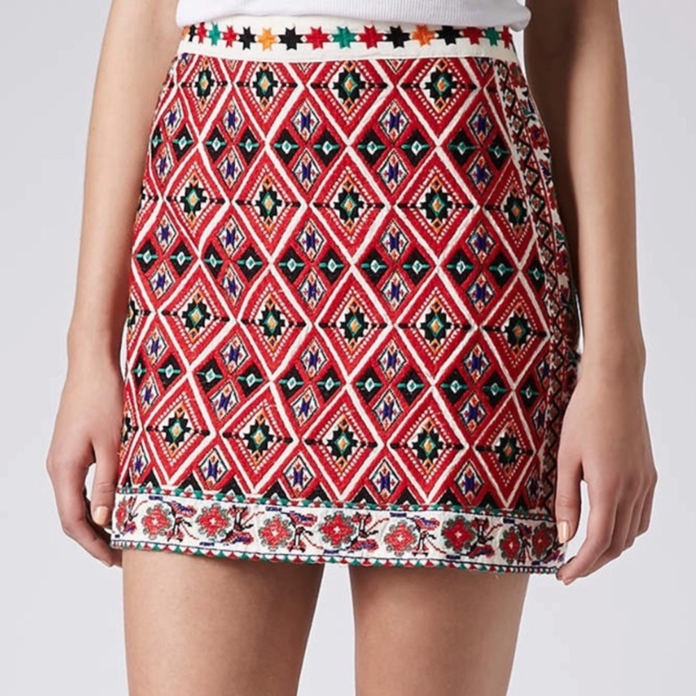 Topshop petite embroidered woven red a-line skirt